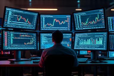 Trading desk with multiple screens showing market data